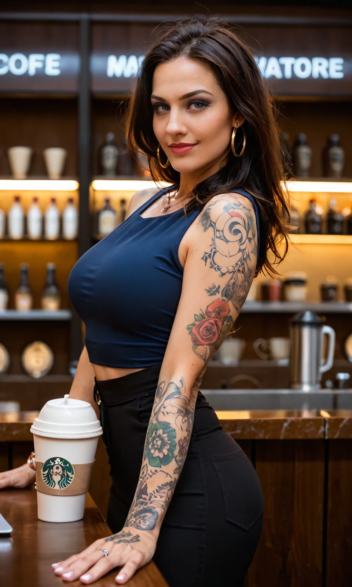 biker, woman, score_9, score_8_up, score_7_up, BREAK, 8k, masterpiece, high quality, , coffee shop, night, mature , Slim , tattoos ,  (Captivating:0.3)   <lora:biker-PN:0.9>