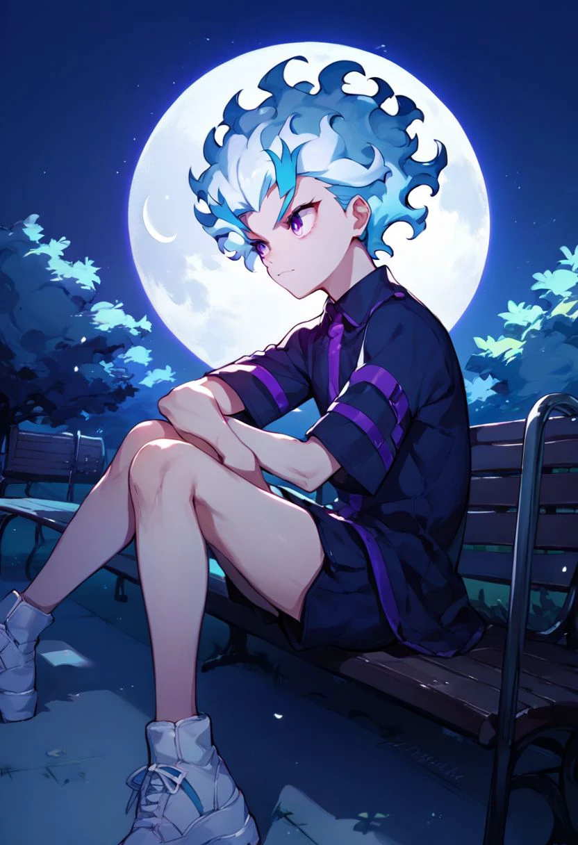 score_9_up, score_8_up, score_7_up, anime style, anime style, (Upper part of the body), flame-shaped hair, fire-shaped hair, pale-skinned, light-blue and white hair, violet eyes, ringed eyes, sitting, park background, night, moon, moonlight on the body,