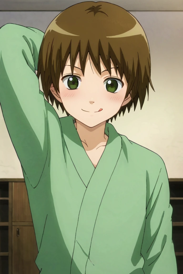 score_9,score_8_up,score_7_up,source_anime,looking at viewer, solo, 1boy, Seita,brown hair,green eyes, smile, arm up, hand behind head, tongue, (one_eye_closed:1.2), upper body, blush, indoors<lora:EMS-393542-EMS:1.000000>