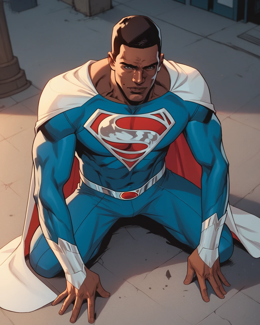 score_9, score_8_up, score_7_up, val zod, 1boy, dark-skinned male, muscular, superhero, cape, smashing concrete floor, confident, city