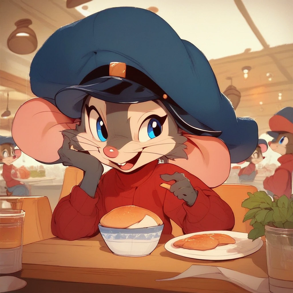 score_8, score_9. fieval, mouse ears, hat, blue eyes, furry, restaurant