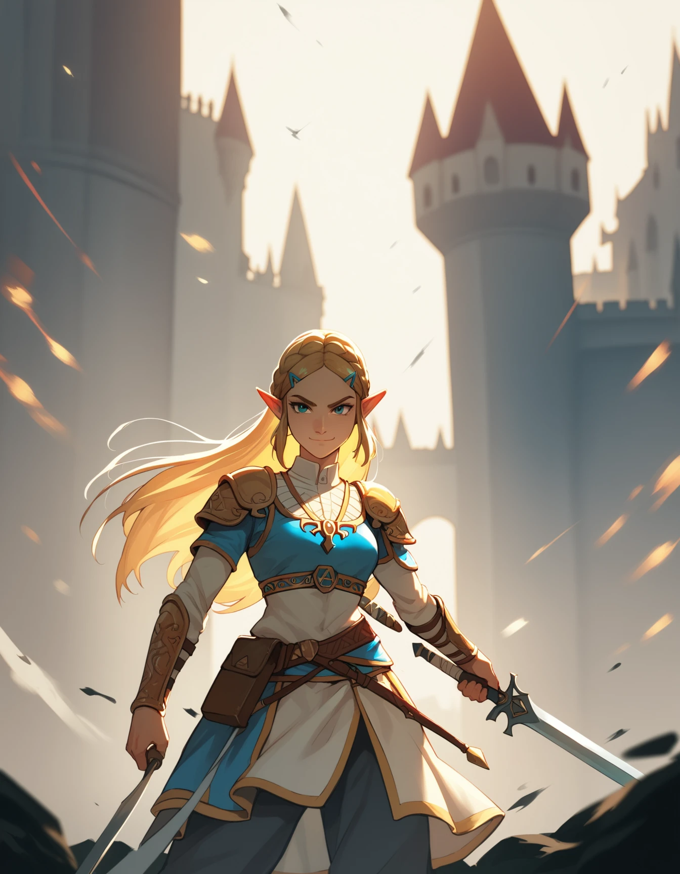 score_9, score_8_up, score_7_up, source_anime, 1girl, solo, cowboy shot, princess zelda, weapon, smirk, stance, castle, cinematic lighting