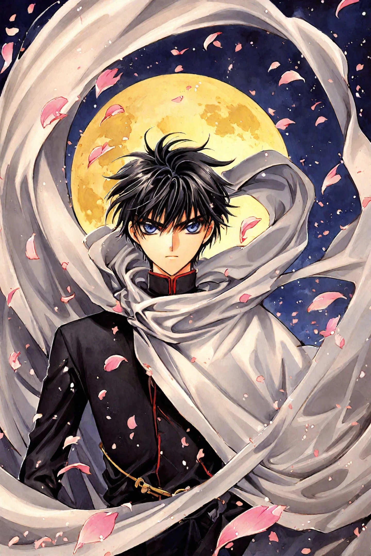 X(CLAMP),
solo,1boy,Kamui Shirou,male focus,black hair,blue eyes,moon,petals,cape,full moon,traditional media,serious,wind,upper body,looking at viewer,cloak,night,
<lora:CLAMP_XL:0.8>,