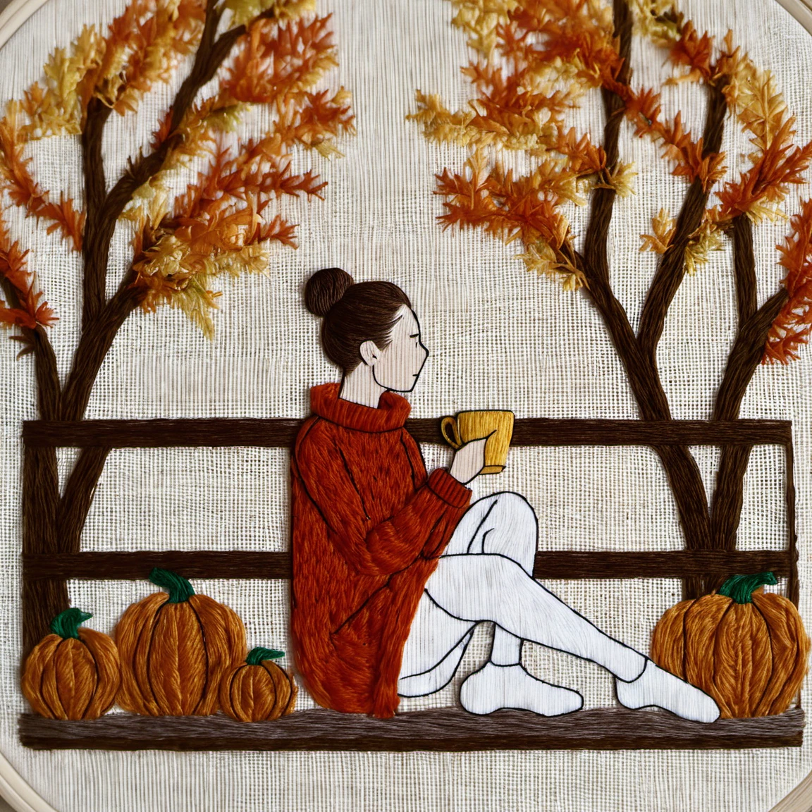 embrodarythreadart, girl, brown hair, long sleeves, holding coffee cup, sitting, socks, hair bun, sweater, tree, leaf, pumpkin, red sweater <lora:embrodary_thread_art:1>