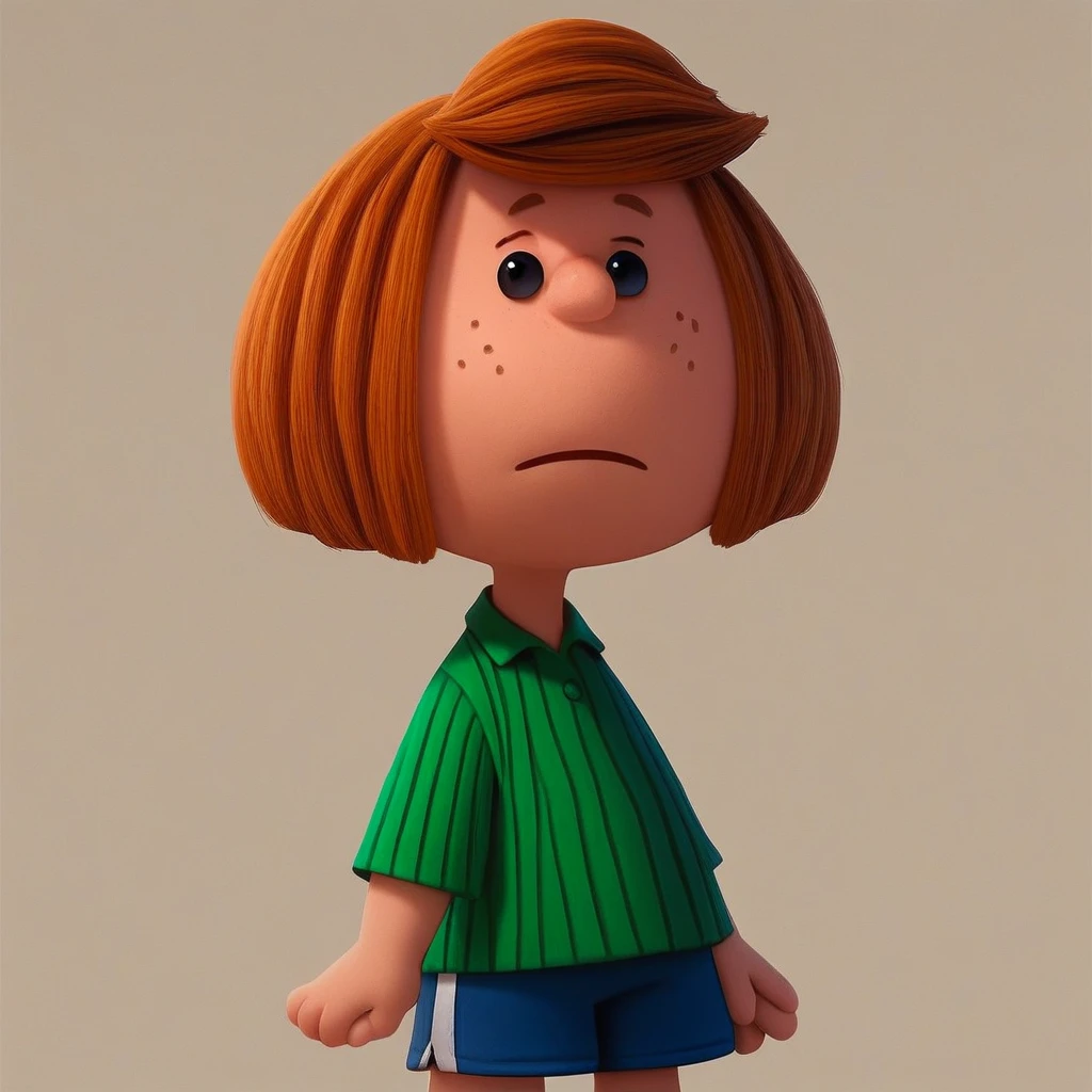 score_8, score_9, peppermint patty, brown hair, freckles, black eyes, green shirt, shorts,