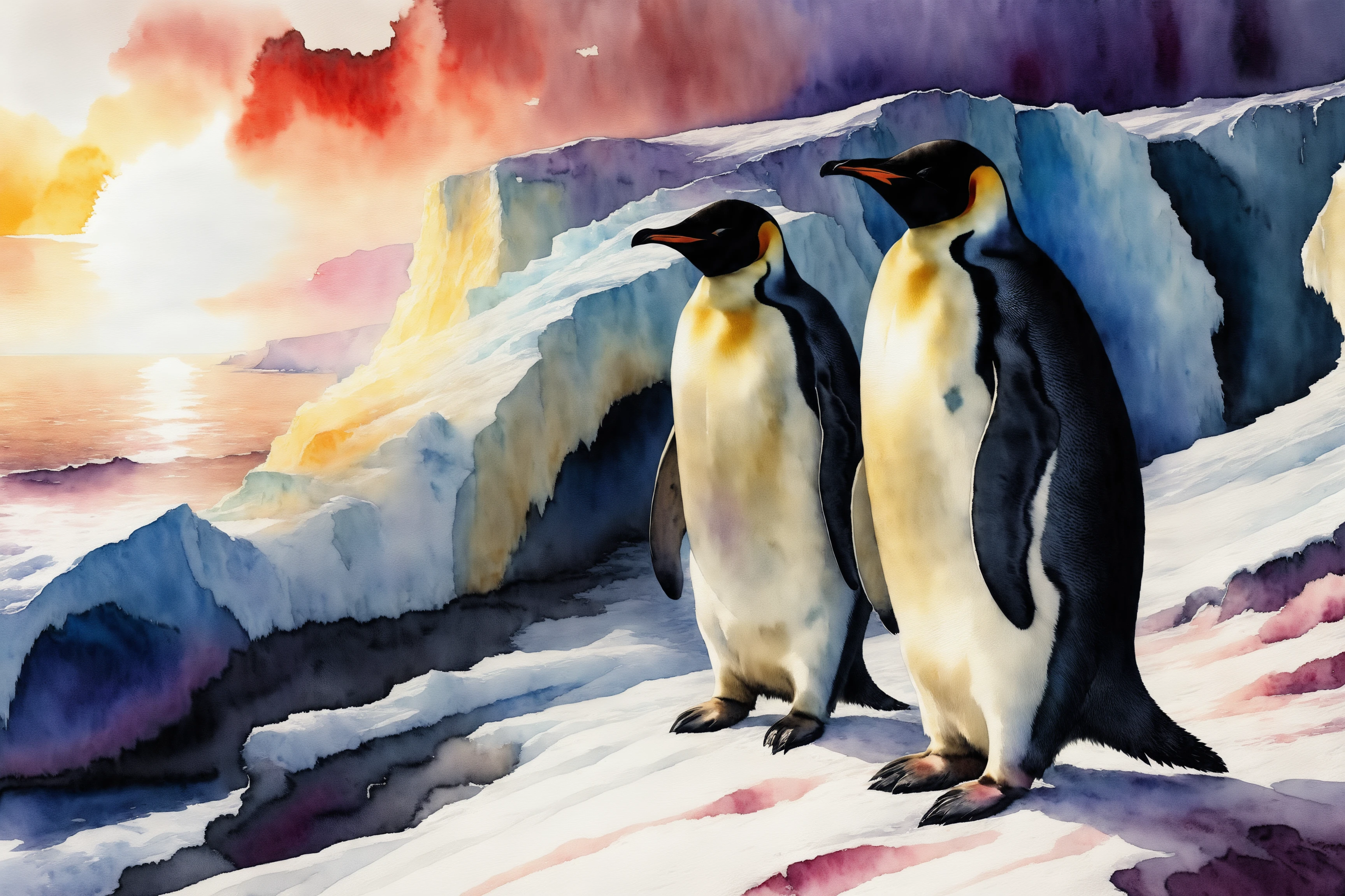 watercolor, dark, an intricately detailed (Emperor Penguin:1.1) in the Antarctic, extreme detail, 8k, Joushua Middleton, Alexandre Calame, Albert Bierstadt, <lora:watercolor_sdxl-000008:1>