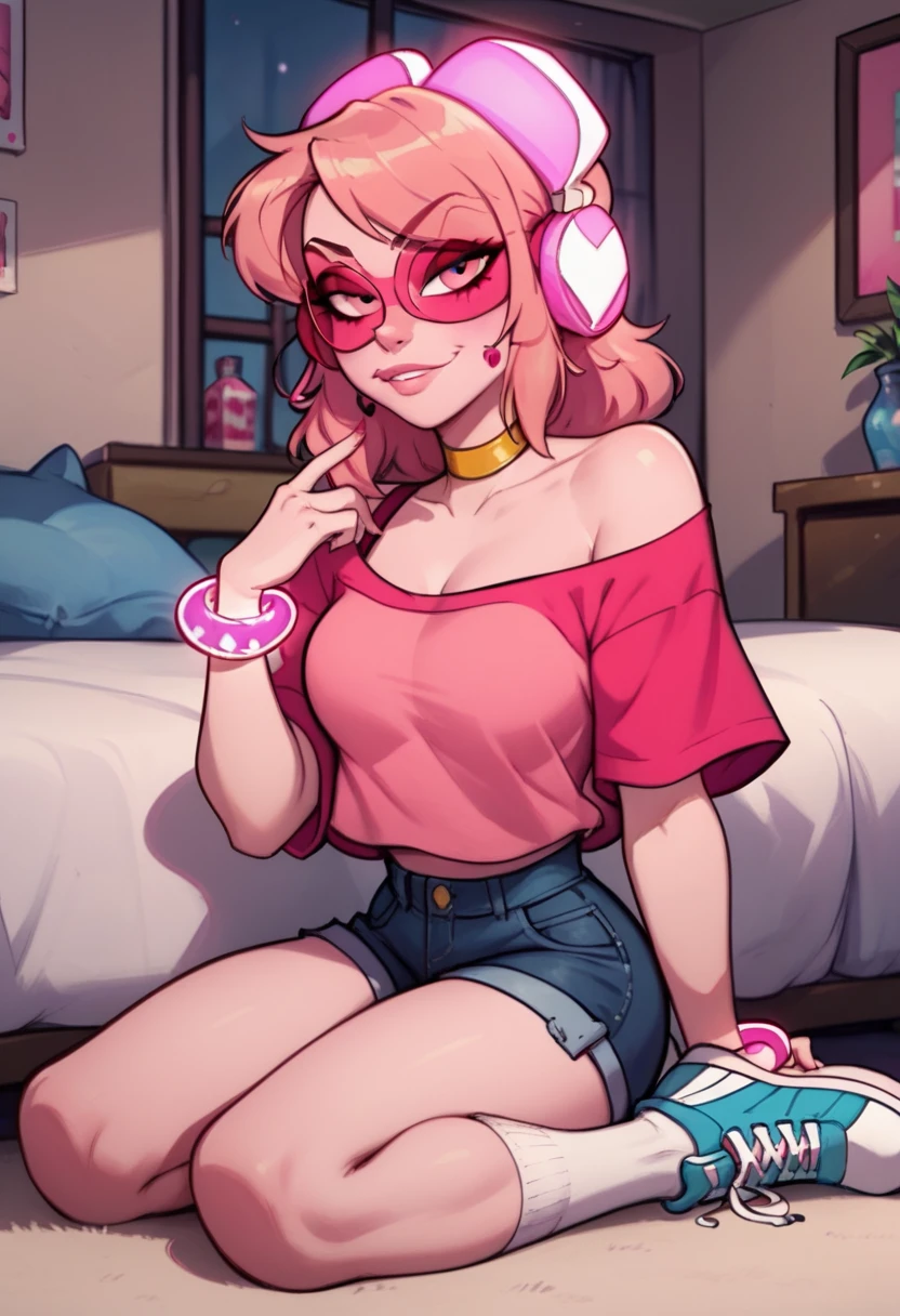 score_9, score_8_up, score_7_up,  <lora:miss_heed:1> missheedxl, 1girl, pink hair, pink skin, headphones, choker, pink eyes, bracelet, jewelry, sunglasses, medium breasts, bedroom, denim shorts, sitting, oversized t shirt, socks, sneakers,