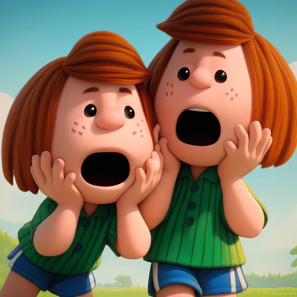 score_8, score_9, peppermint patty, brown hair, freckles, black eyes, green shirt, shorts, open mouth, hands on cheeks