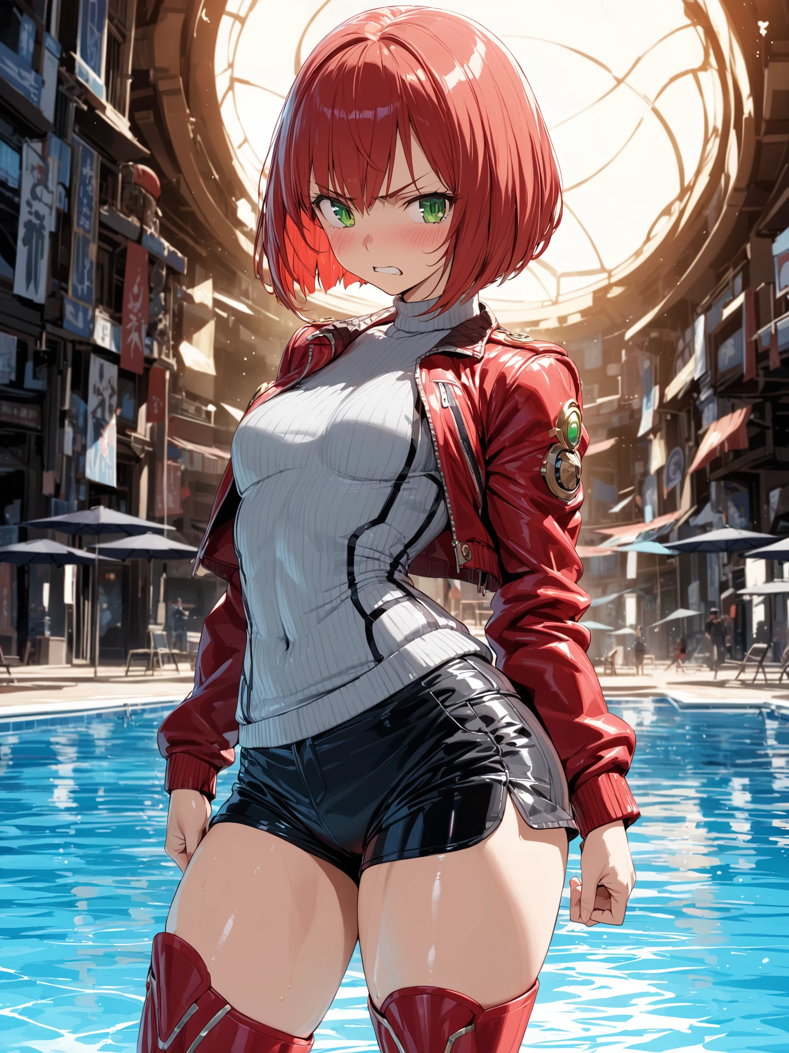 one girl,solo,high stature,Early twenties,((green eyes,scarlet hair,reproachful eyes)),muscle girl,((blunt hair,very short hair,cut hair,bob cut)),large thighs,flat chest,god mars,no eye highlights,(boyish,muscular),
((crimson riders jacket,grey crew neck sweater,black riding short pants)),scarlet thigh boots,
(angry,abandonment face,blush),shiny skin,high resolution,(from side,wide hips)
(poolside background),sense of depth,4k,absurdres,dynamic angle,best quality,masterpiece,Detailed illustration,Destructive art,opulent,
insanely detailed,ultra-highres, ultra-detailed,ultra detailed eyes,(Ray Tracing,Illustrated,Reflected Light),