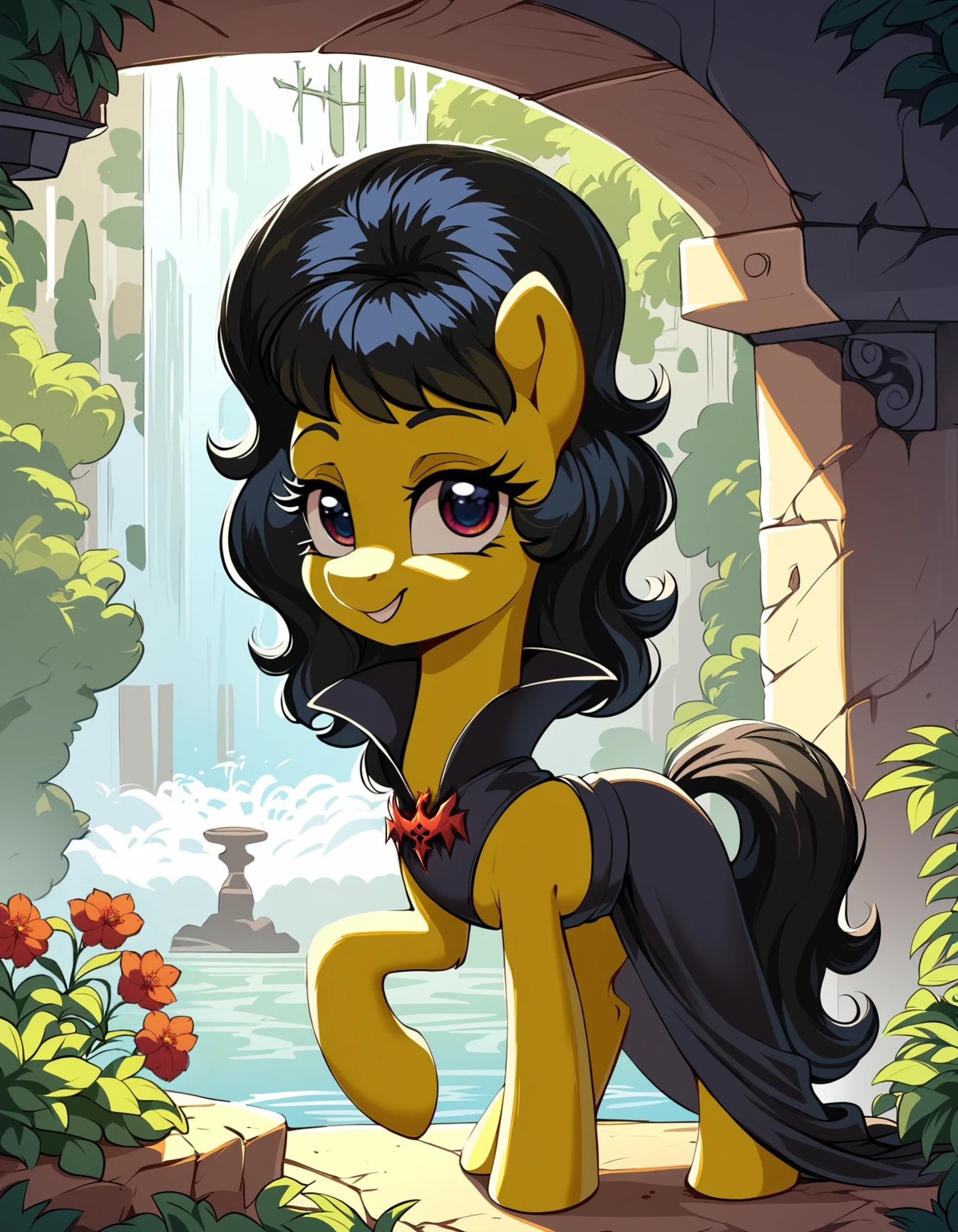 score_9, score_8_up, score_7_up, score_6_up, score_5_up, score_4_up,  
source: illustration,Barbara,Simpsons, expressive, full body, pony, feral, cute, beautiful,wearing a black dress, pretty,at a ancient indian temple,waterfall, djungle, road,black curly long hair,brown fur, highly detailed, intricate details, digital art, perfect anatomy, perfect proportions, 4k, (dynamic pose:1.25),