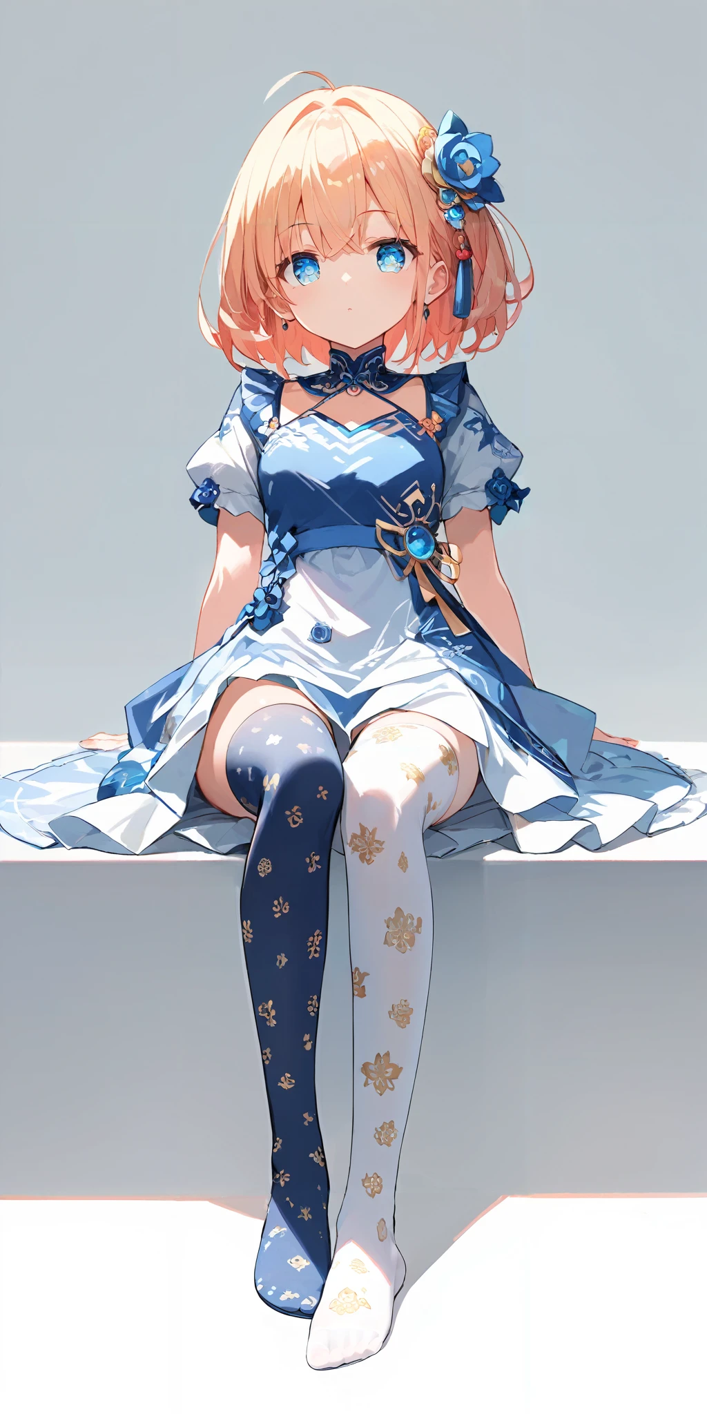 score_9, score_8_up, score_7_up,source_anime, high res image,masterpiece,best quality,girl,cute face,clear skin,shiny hair,ultra detailed eyes,simple background, <lora:ni-so_pony_V1.0:1> jyojifuku, print thighhighs,dress,foot