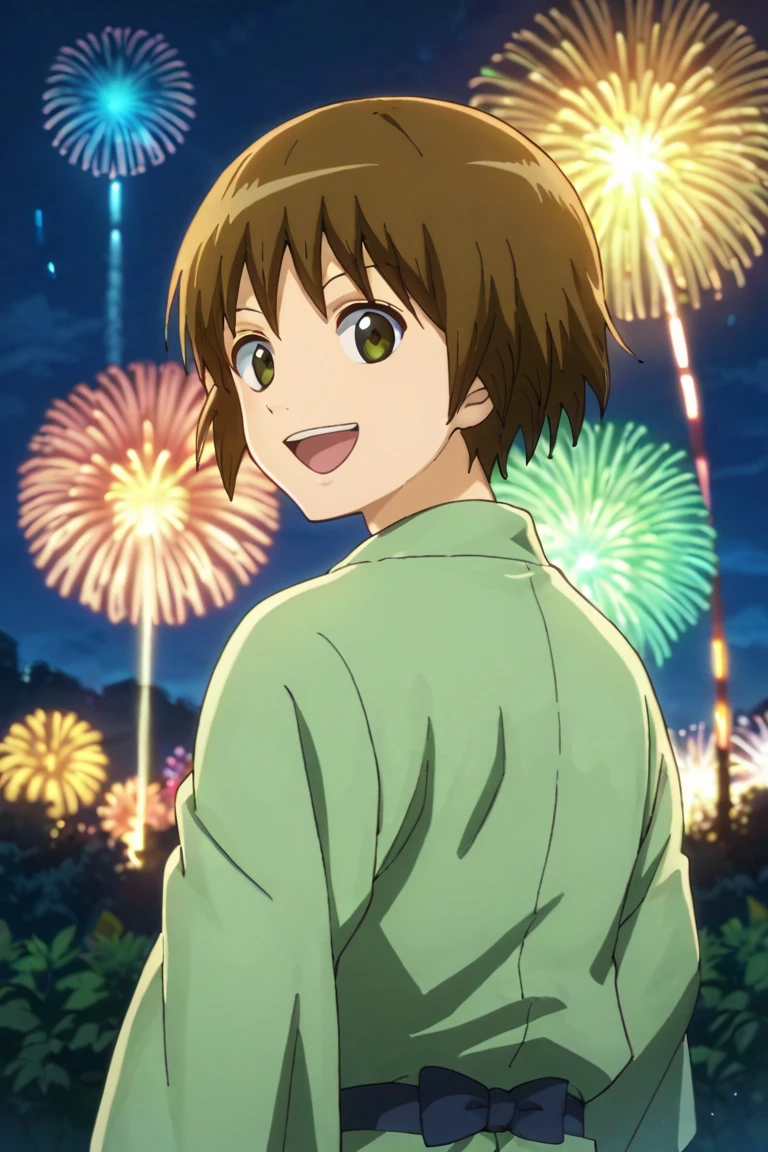 score_9,score_8_up,score_7_up,source_anime,looking at viewer, solo, 1boy, Seita,brown hair,green eyes, smile, outdoors, night, looking back, fireworks, fireworks on sky, glow, japanese, open mouth, dark,light rays<lora:EMS-393542-EMS:1.000000>