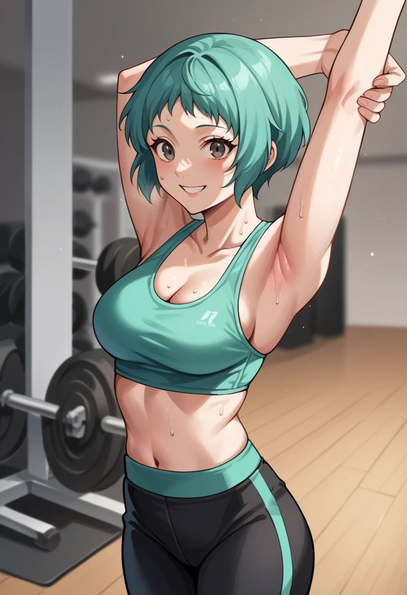 score_9, score_8_up, score_7_up, source_anime BREAK 1girl, solo,
<lora:zs_FuukaXL:1> fuukasummer, aqua hair, short hair, grey eyes, green sports bra, cleavage, black yoga pants
gym, cowboy shot, stretching, sweat, smile