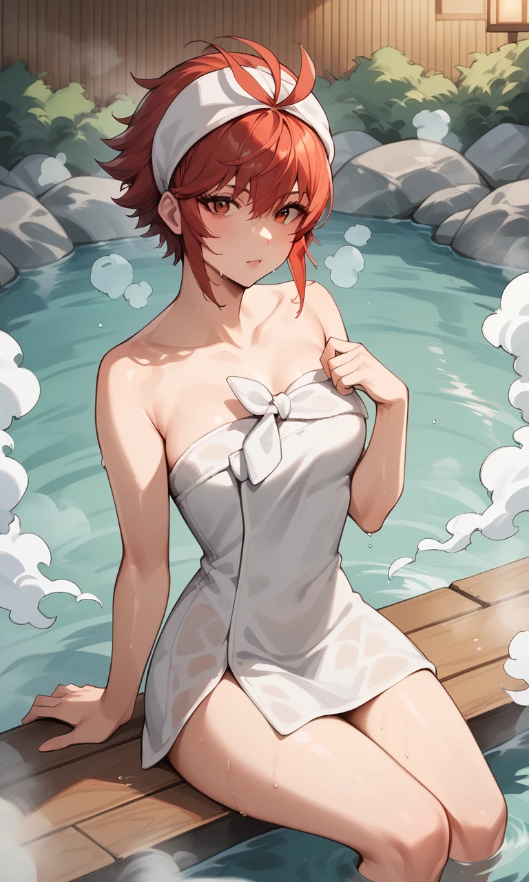 score_9, score_8_up, score_7_up, source_anime, 1girl, hinoka, hot spring, steam, steamy water, bathing, naked towel, towel on head,