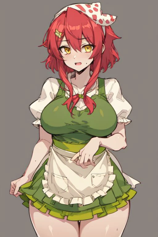 Carolinecrushcrush, red hair, yellow eyes, hair ornament, medium breasts, bandana, green apron, tan short dress, thick thighs,