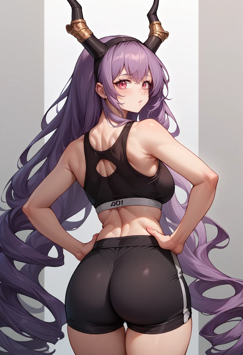 score_9, score_8_up, source_anime, 1girl, solo, TyphonArknights, very long hair, drill hair, black hairband, horns, from behind, looking back, hands on hips, sports bra, black shorts, ass, <lora:ChamTyphonPonyXL:1>