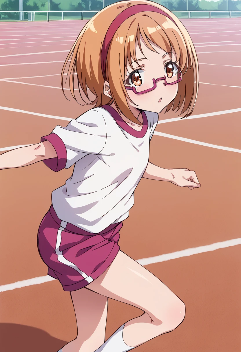 score_9, score_8_up, score_7_up, source_anime BREAK
shirabe ako, 1girl, solo, short hair, white shirt, gym uniform, under-rim eyewear, short sleeves, red shorts, brown eyes, running track, looking at viewer, eyelashes, gym shorts, brown hair, open mouth, red headband, blush, track and field, orange hair, shiny hair, shiny, red-framed eyewear, orange eyes, purple-framed eyewear, parted lips, t-shirt, outdoors, split, bangs, purple shorts, pink-framed eyewear, blonde hair, shadow, short shorts, gym shirt, :o, anime coloring, pink shorts, eyebrows visible through hair, red ribbon, sportswear, shirt tucked in, skirt, day, light blush, light brown hair, feet out of frame, from side, hachimaki, white legwear, socks
<lora:cure_muse_shirabe_ako_sdxl_locon_pony_v1:0.7>
