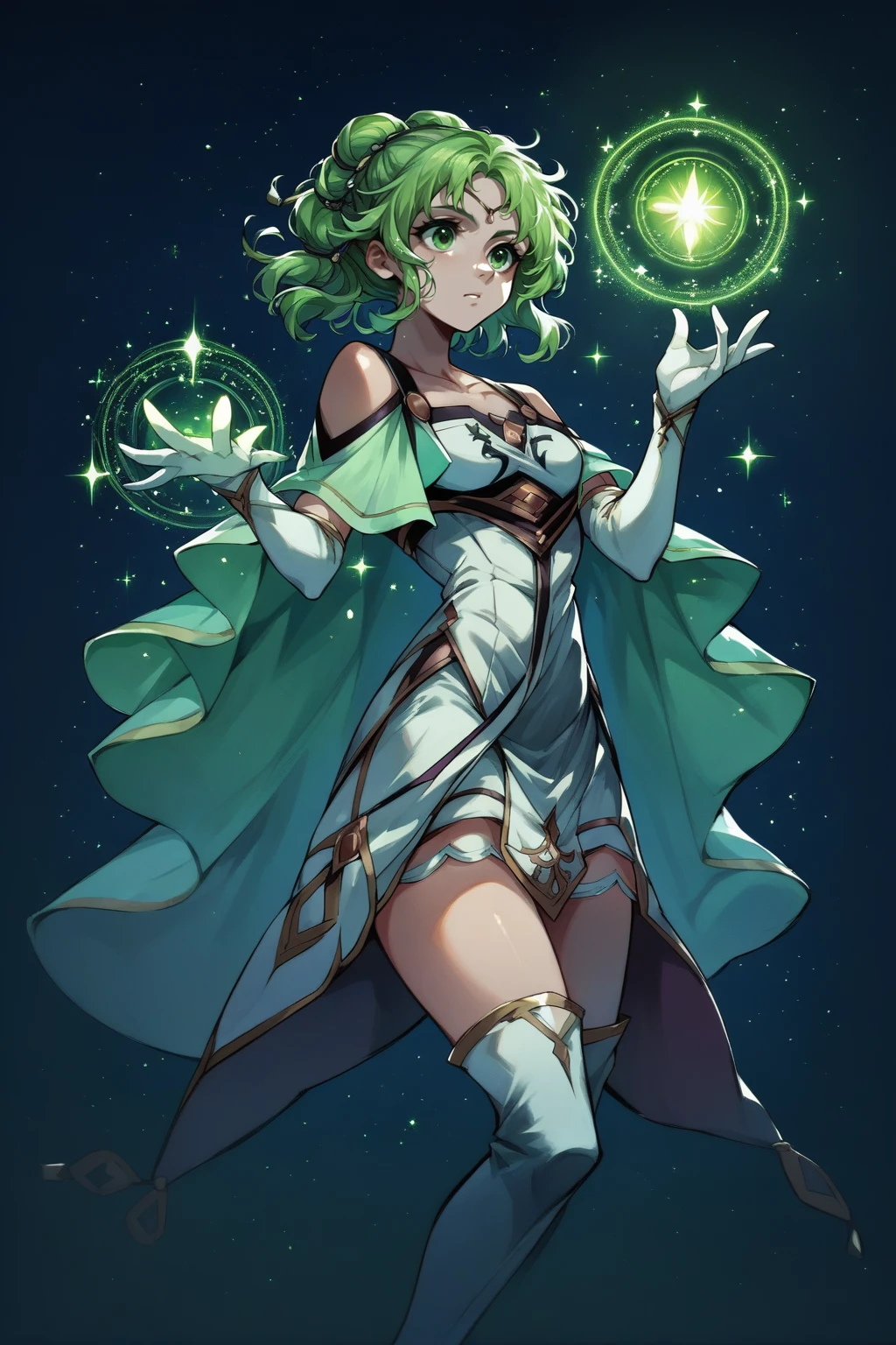 score_9, score_8_up, score_7_up, 1girl, solo, <lora:NSLArachelFE8:1> NSLArachelFE8, green eyes, green hair, circlet, hair ornament, bare shoulders, white dress, green capelet, white elbow gloves, white thigh boots, sparkles, magic, night, glow