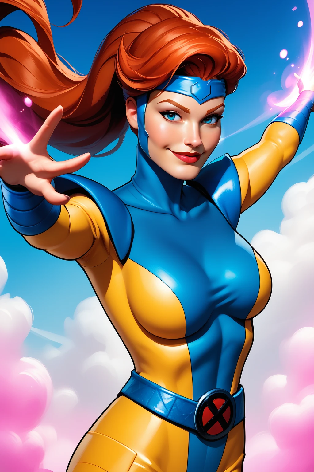 score_9, score_8_up, score_7_up, masterpiece, high quality, BREAK
 <lora:Jean Grey Classic X-MenPonyLoRA:1>jngryclsic, long hair, headband, turtleneck, bodysuit, pauldrons, vambraces, belt, flying, smile, clouds,magic, outstretched arm, aura, ponytail, hand to head