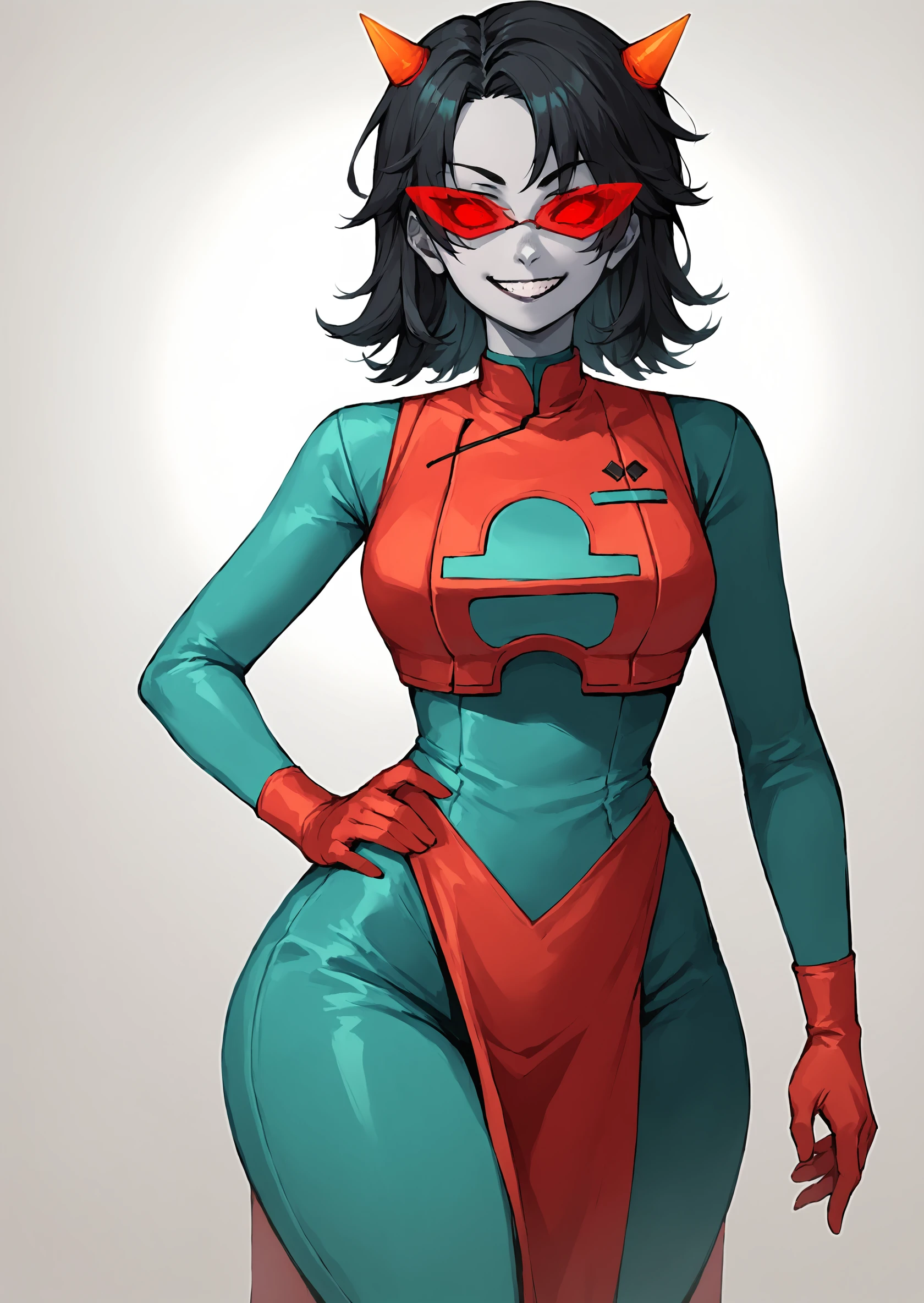 score_9, score_8_up, score_7_up, score_6_up, score_5_up, score_4_up, thick lines, anime, masterpiece, 1girl, terezi pyrope <lora:TereziPony2:1>, redglare, smile, grin, colored skin, grey skin, medium hair, black hair, horns, red sclera, red-tinted eyewear, bodysuit, red gloves, standing, multicolored bodysuit, red bodysuit, aqua bodysuit, red vest, pelvic curtain, wide hips, curvy, hand on hip BREAK source_anime