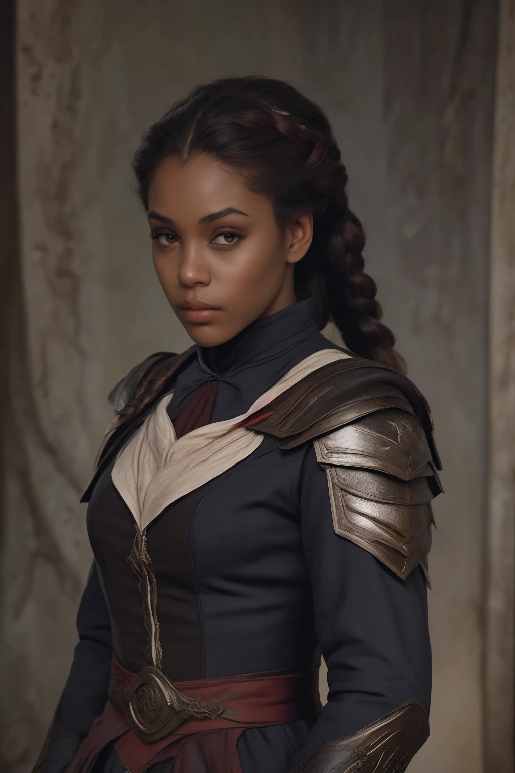 Realistic portrait of a african american woman with single french braided auburn hair, wearing armor. She stands against a backdrop of 18th-century era French Louisiana, evening moonlight, casting a gentle warmth on her features. (full body:1.3), <lora:[VG]_-_Aveline_de_Grandpre:1> <lora:assassins:.8>