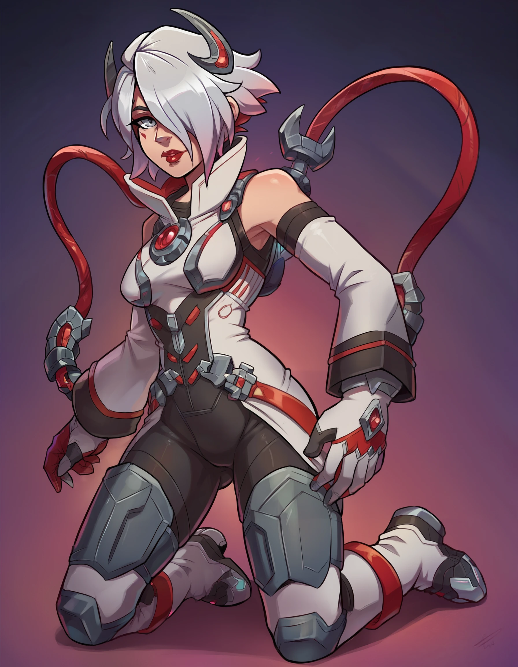 (Masterpiece:1.4), (best quality:1.2), score_9, score_8_up, score_7_up, score_6_up, 1girl, solo, ctl7tbldmn, grey gloves, red gloves, long detached sleeves, bodysuit, thigh boots, gradient hair, grey hair, multicolored hair, red hair, short hair, two-tone hair, breasts, pants, grey eyes, one eye covered, red lips, bare shoulders, standing, 2d, full body, (from side:0.8), kneeling     <lora:MyTrainings\Temp\Catalyst_Blood_Moon_XL_Pony.safetensors:0.8>