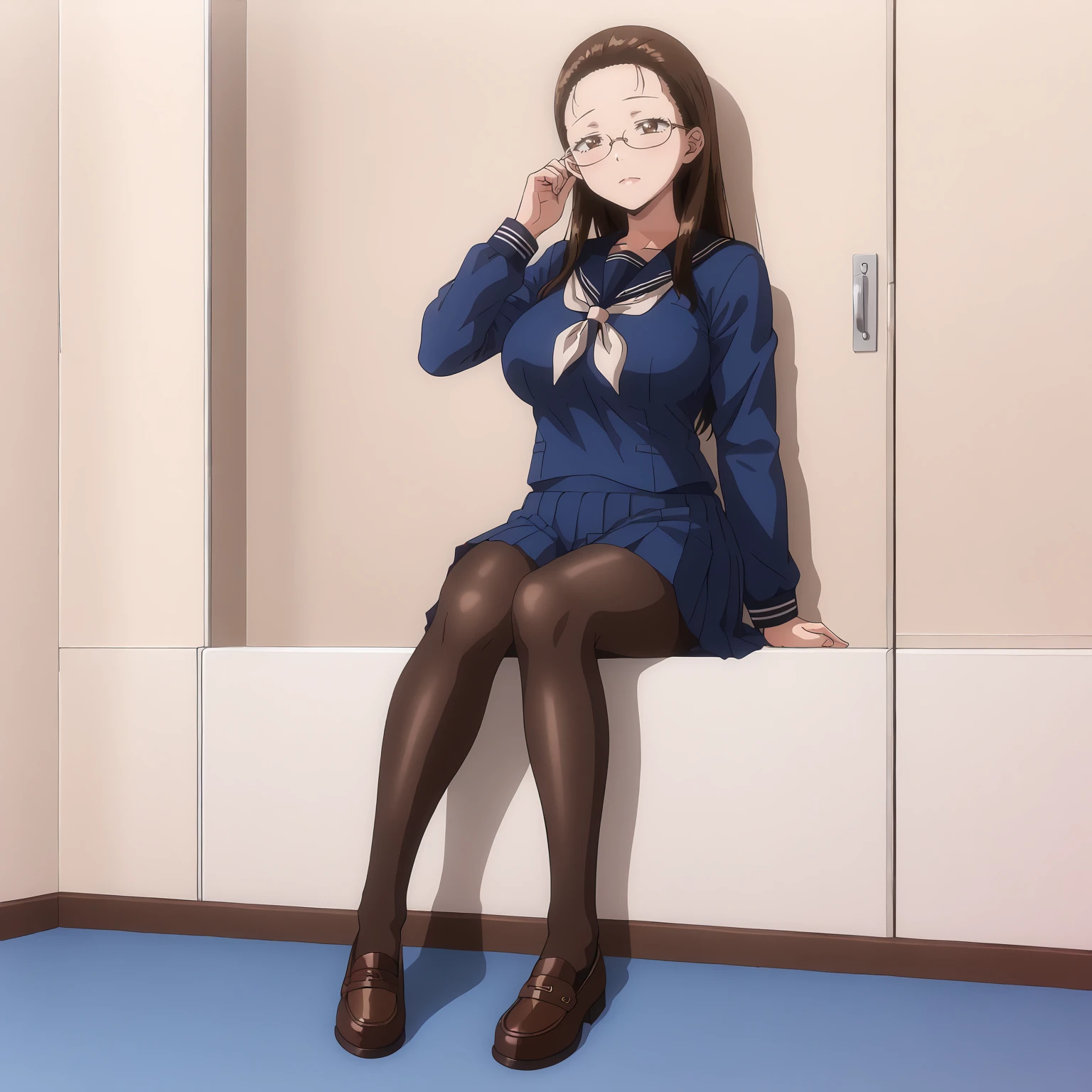 <lora:TomoeKisaragiXLpony001>,
solo,
TomoeKisaragi,1girl,brown hair,long hair,forehead,brown eyes,eyewear,
large breasts,
blue serafuku,
pleated_skirt,blue skirt,
black_pantyhose,
full body,sitting,