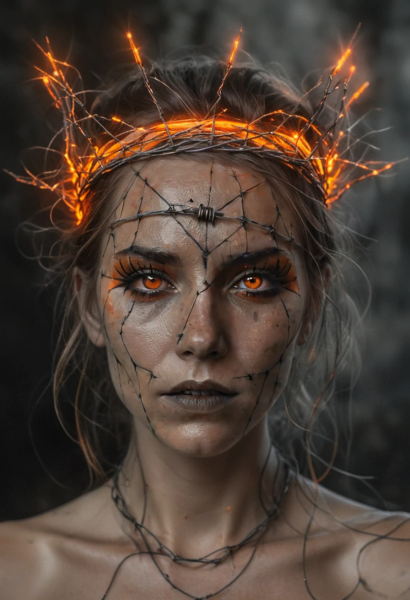 an image of a female with crown of barbed wire and a glow orange, in the style of speedpainting, dark white and dark gray, character studies, dom qwek, nihilcore, wlop, iconic, Wide range of colors, Dramatic, Dynamic, Cinematic, Sharp details, dark, chiaroscuro, low-key