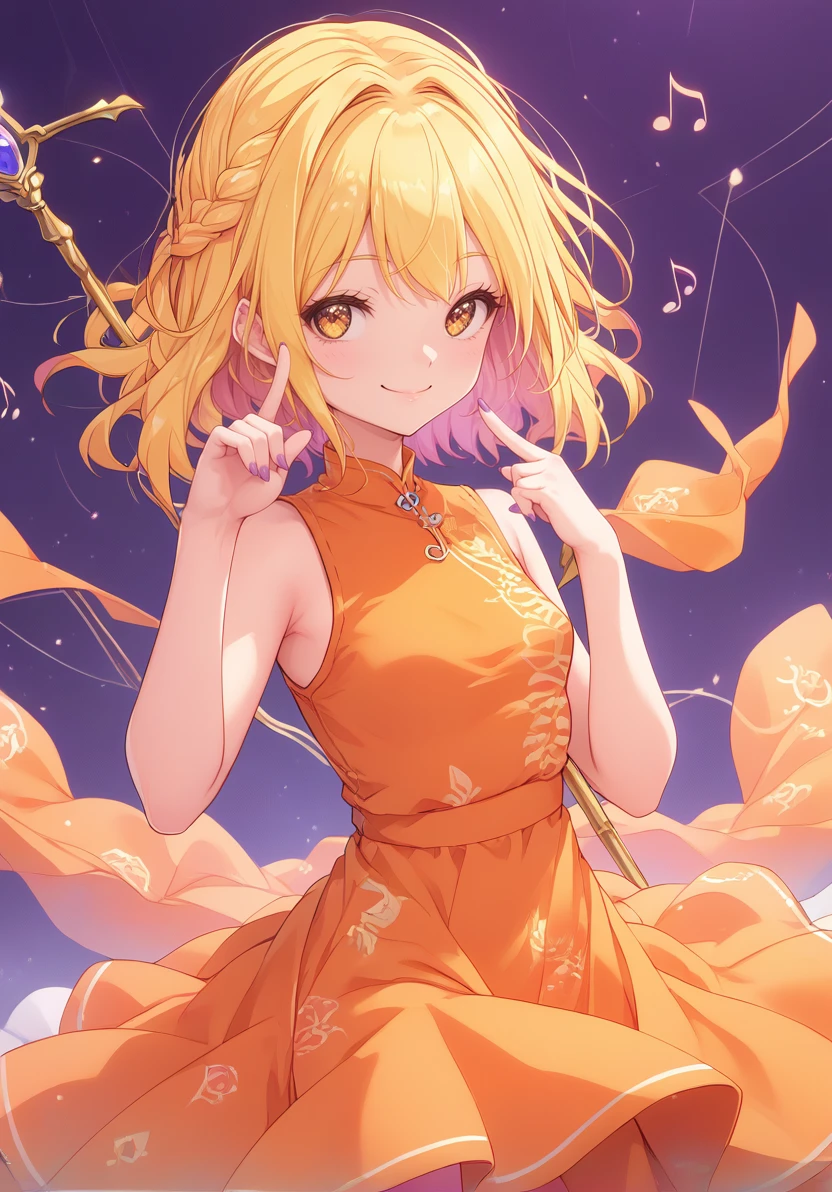 score_9, score_8_up, score_7_up, masterpiece, best quality, 1girl,  solo,  <lora:AnisonChanV1:1>, Anison-Chan, blonde hair, yellow eyes, smile, sleeveless dress, musical note, index finger raised, purple background, eighth note, purple nails, beamed eighth notes, orange dress, print dress, quarter note, beamed sixteenth notes, staff \(music\)