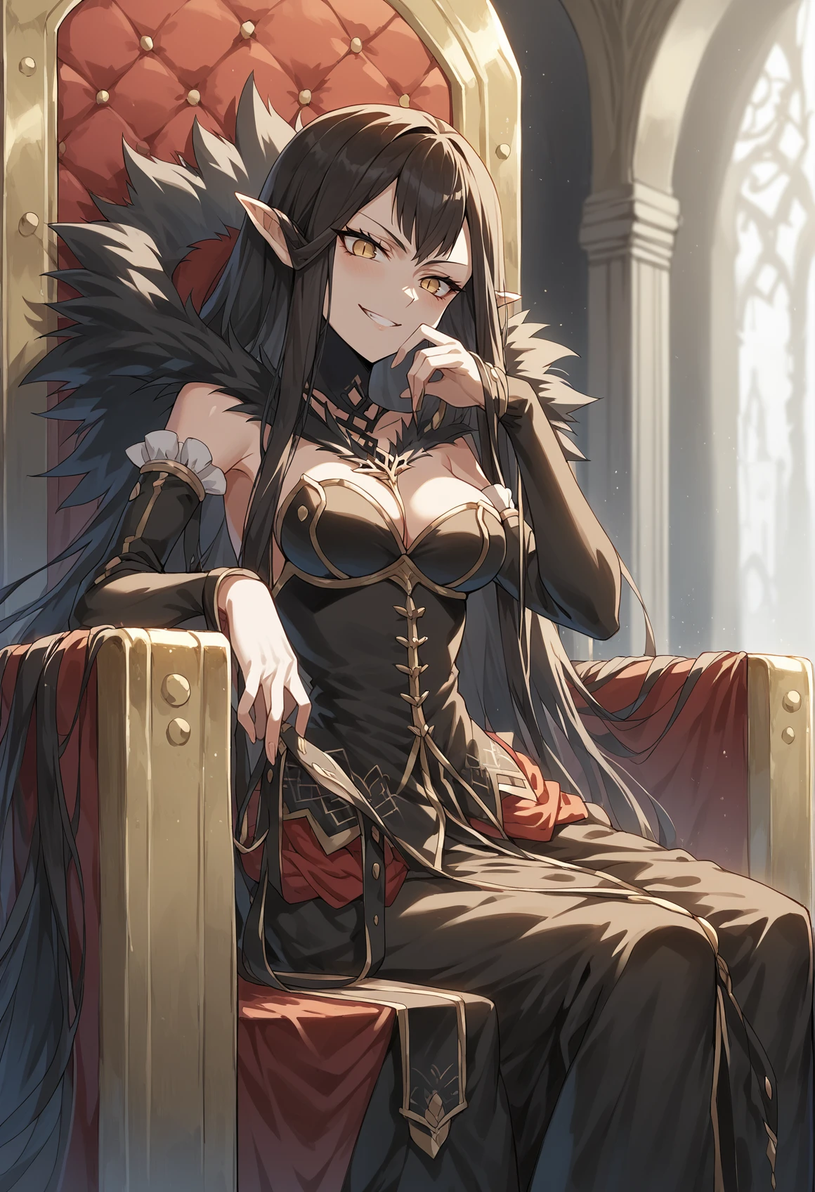 1girl, long hair, black hair, yellow eyes, slit pupils, pointy ears, detached collar, feather trim, cleavage, dress, detached sleeves, straps, nail, sharp fingernails, nail polish, sitting, throne, royal throne, indoors, evil smile, shaded face <lora:Semiramis_XL:1>, score_9, score_8_up, score_7_up, score_6_up, score_5_up, score_4_up, BREAK source_anime, masterpiece