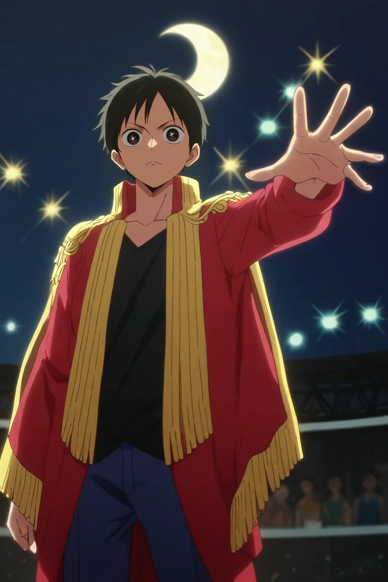 score_9, score_8_up, score_7_up, source_anime, rating_safe, anime screencap, intricate details, , , 1boy, monkey d. luffy, one piece, black hair, black eyes, solo, wide angle, wide shot, cowboy shot, concert, stage, stage lights, idol, night, crescent moon, dynamic pose, sparkling eyes, <lora:oshi_no_ko_style_pony:0.86>, oshi_no_ko_style, , <lora:sdxl_lightning_8step_lora:1>