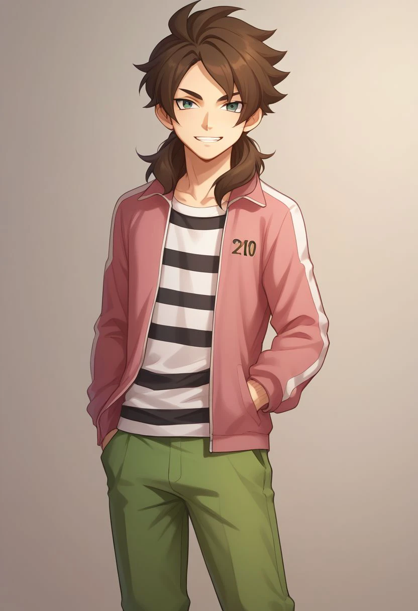 score_9, score_8_up, source_anime, highly detailed, 1boy, male_focus, solo,
skinny,
caleb, solo, 1boy, male focus, brown hair, jacket, track jacket, pink jacket, striped shirt, striped, pants, green pants, standing, open clothes, long hair, shirt, hand in pocket,
indoor, grin,