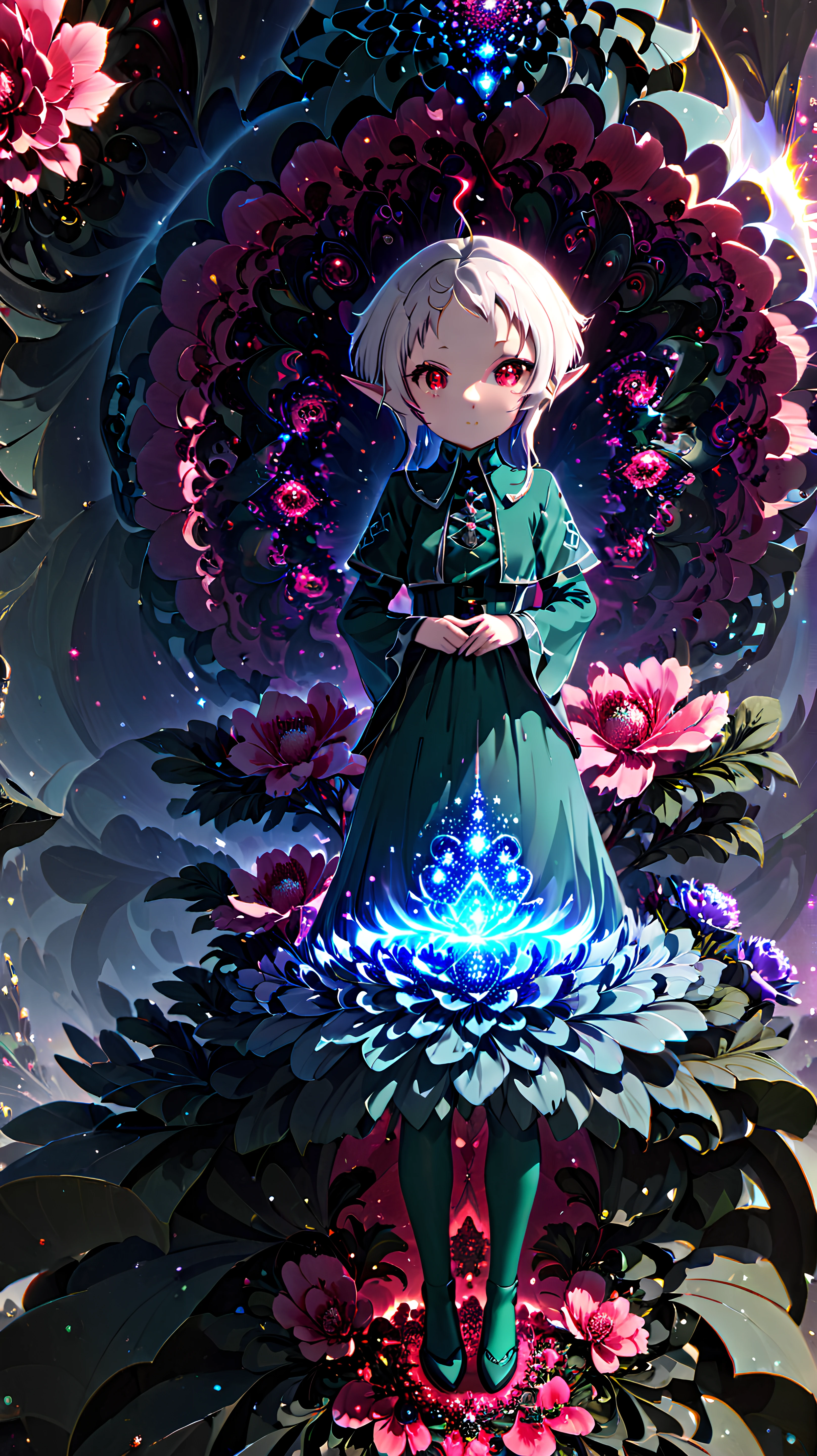 1girl, solo, <lora:Anime Enhancer XL V2:1> <lora:Sylphie:1> Sylphie, Sylphie is an elf, Sylphie has red eyes, <lora:GlitchGirlModel1Final:.7> GlitchBreakGirl,
(red mandelbulb fractal), Sylphie standing in front of a mandelbulb fractal,
(macro:1.3) photo,(mandelbulb fractal:1.3) sparkling magical fantasy opalescent peonia,condensation,effervescent,detailed,intricate,key light,backlight,fill light,three-point lighting, nebulae bubbles,<lora:mandelbulb0XL:0.8>