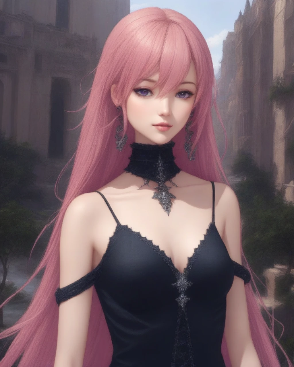 runie, bangs, bare shoulders, breasts, cleavage, collarbone, detached sleeves, dress, earrings, hair between eyes, jewelry, long hair, nail polish, solo, very long hair, pink hair, purple eyes, 
 <lora:RUNIE-XL-t5-000001:0.6>
(ultra realistic, detailed, 4k ultra quality, shadows, depth of field)