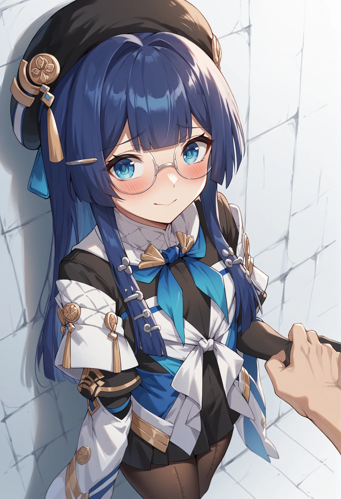 1girl, long hair, blue hair, hime cut, blue eyes, hat tassel, hairclip, beret, hair ornament, glasses, round eyewear, blue neckerchief, ribbon, long sleeves, wide sleeves, skirt, elbow gloves, pantyhose, standing, against wall, from above, pov hands, blushing, looking to the side, nervous smile <lora:Pela_XL:1>, score_9, score_8_up, score_7_up, score_6_up, score_5_up, score_4_up, BREAK source_anime, masterpiece