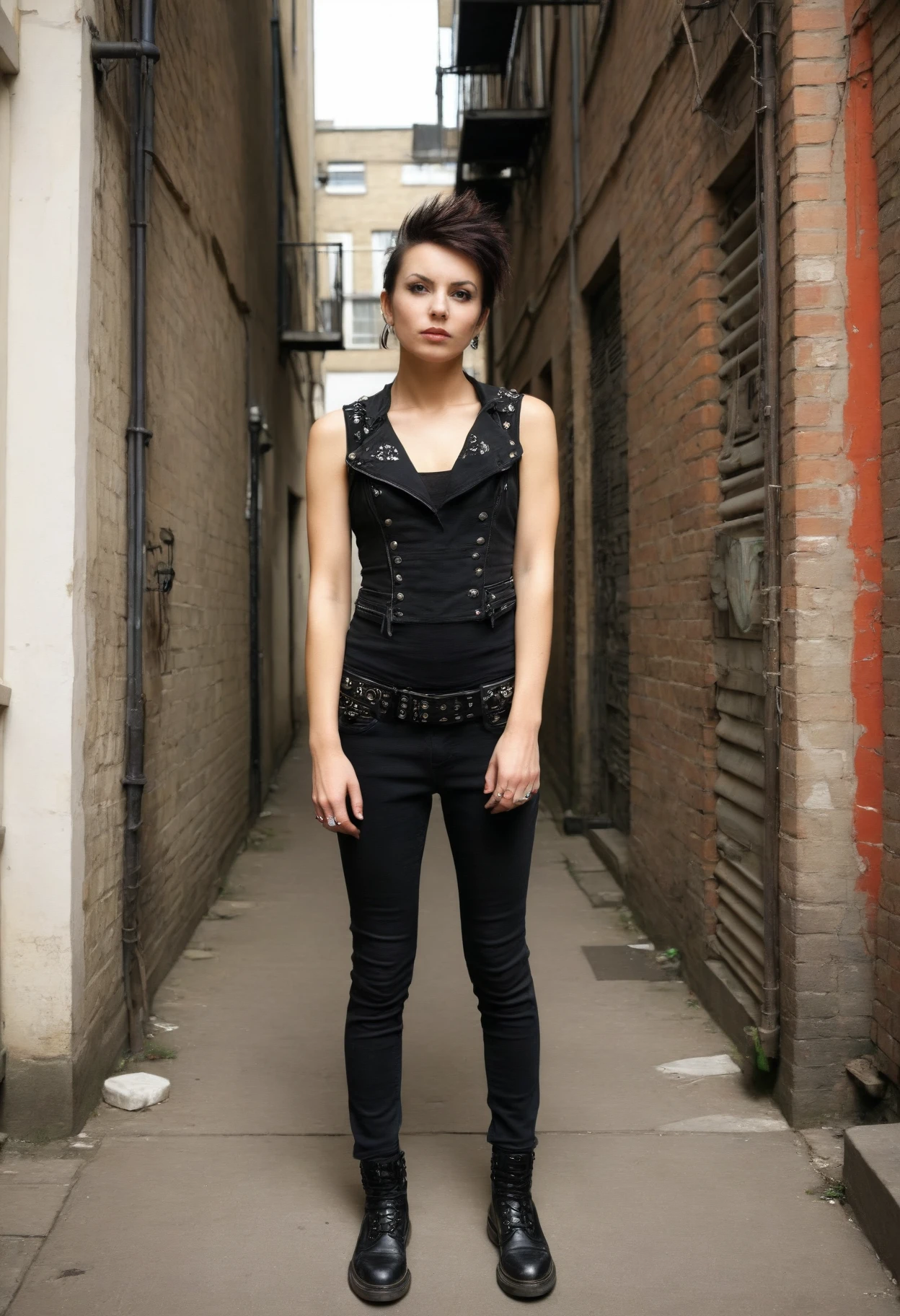 punk, woman, masterpiece, high quality , __pose__, urban alleyway, , mature , skinny ,  , (confident:0.3)   <lora:punk-XL:1>