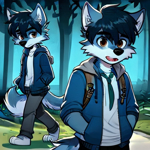 less detailed, moon, indoors, solo, pants, smile, tail, looking at viewer, wolf ears, jacket, young male furry, grass, backpack, shirt, brown eyes, dark blue jacket, blue background, forest, bag, wolf boy, upper body, night, furry male, controller, cartoon, building, ?, blue fur, wristwatch, white background, hood, gradient background, open mouth, animated character, outdoors, simple background, nature, looking back, tree, walking, simple 2d cartoon style, white underfur, black hair, 2d animated, animal ears, hands in pockets, hand in pocket, sitting, multiple views, dark intense black hair, furry, headphones, furry body, male focus, gradient, watch, expressive brown eyes, game controller, young anthropomorphic wolf, white shirt, teenage anthropomorphic male wolf, anthropomorphic wolf, full body, 1boy