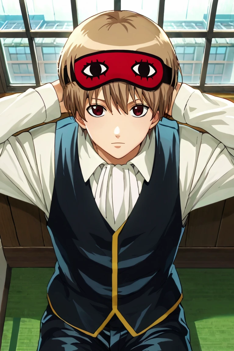 score_9,score_8_up,score_7_up,source_anime,looking at viewer, solo, 1boy, okita sougo,brown hair, red eyes, indoors, white shirt, vest,arms_behind_back, arms on head back,sitting, from above, mask on head, sleep mask, window<lora:EMS-393535-EMS:1.000000>