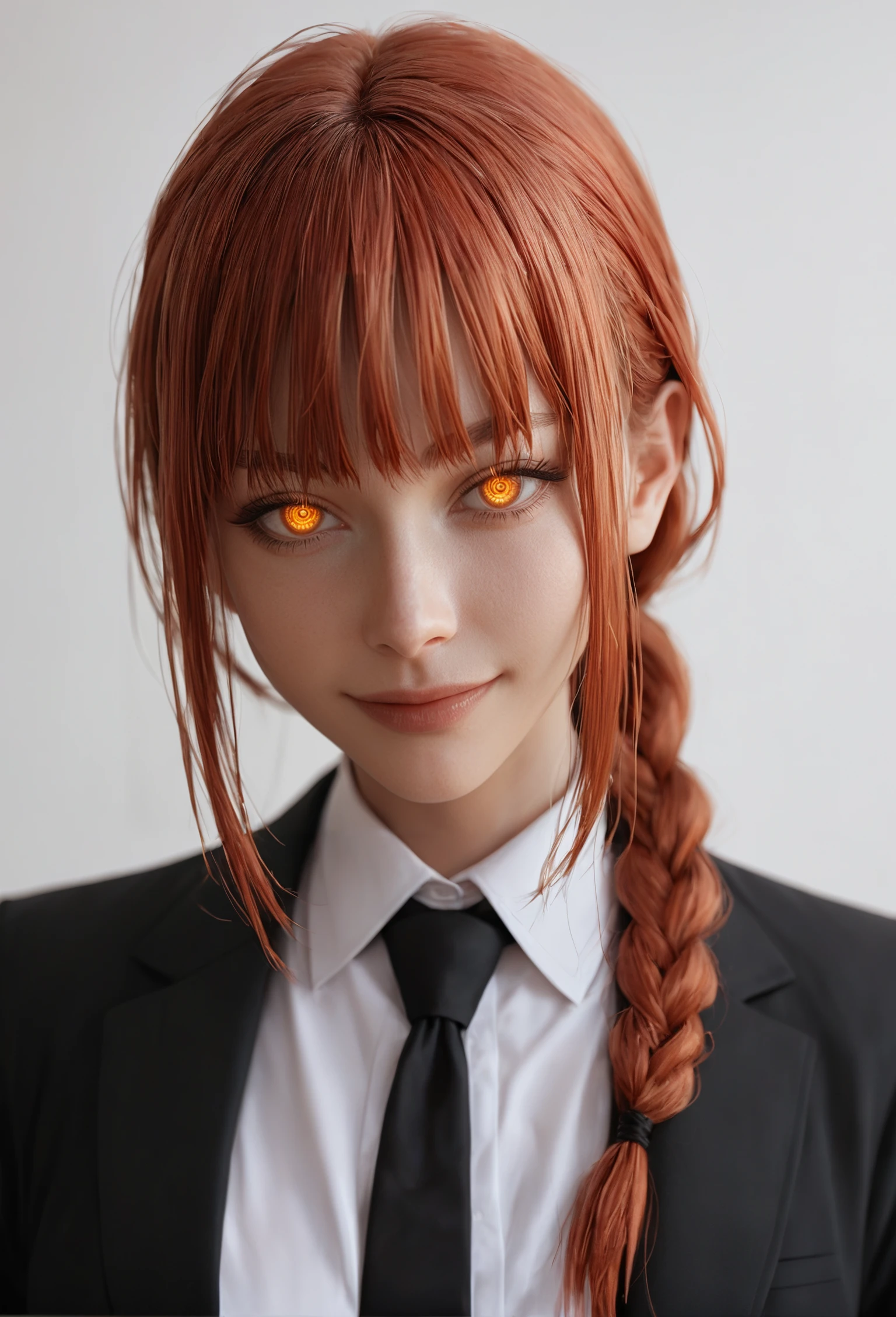 i want the whole image to be created in relistic style, 1girl, solo, long hair, looking at viewer, smile, bangs, shirt, long sleeves, jacket, yellow eyes, white shirt, upper body, braid, sidelocks, red hair, necktie, collared shirt, nail polish, black jacket, orange eyes, glowing, formal, suit, black nails, glowing eyes, black necktie, braided ponytail, ringed eyes, business suit, makima (chainsaw man), score_9, score_8_up, score_7_up