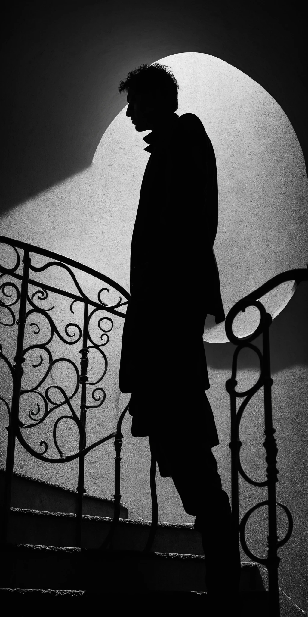 Man standing,silhouette,at the top of stairs,dark,backlit,surrealism style,black and white photograph,high contrast,high definition,<lora:HMSGåªå½±XL-000001:0.8>,