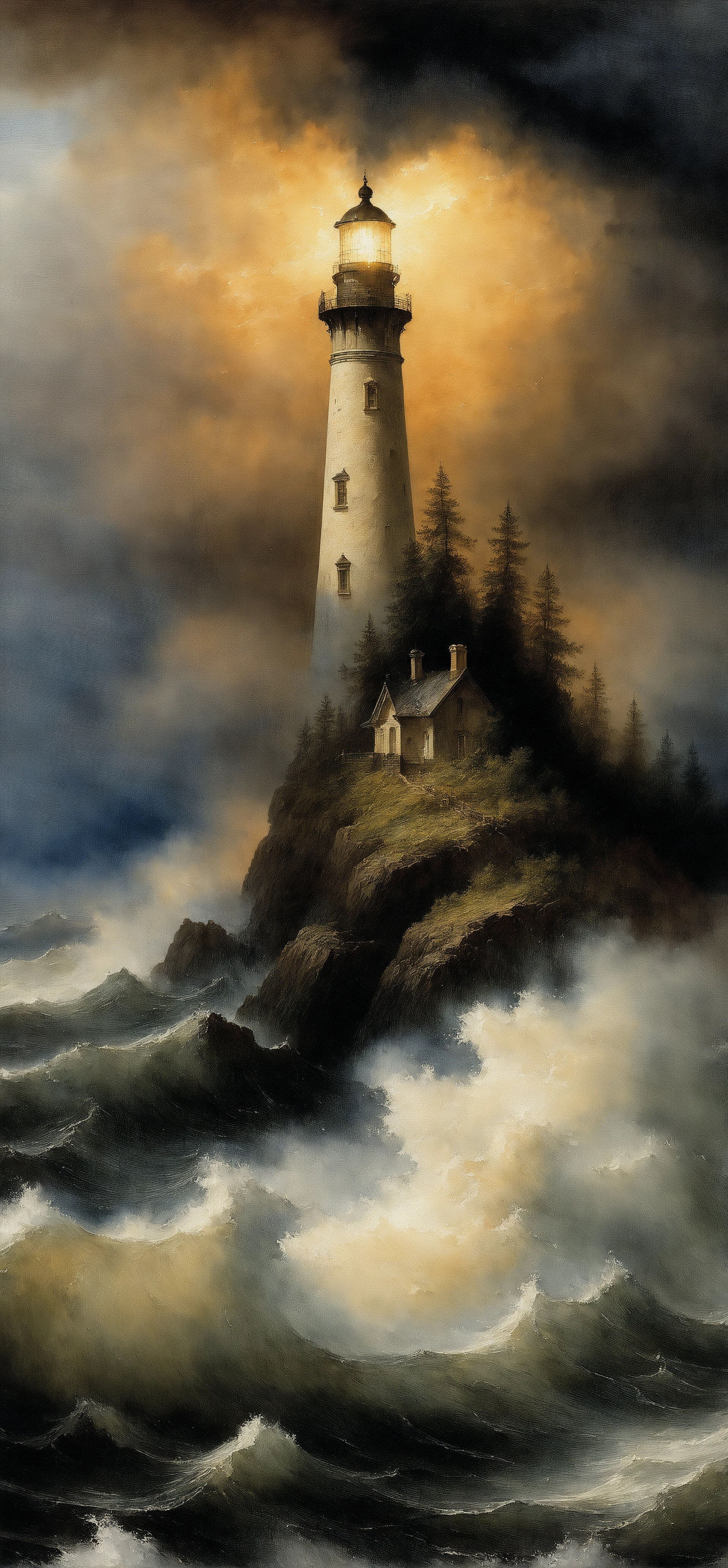 (Watercolor on textured paper:1.3), An intricately detailed Lighthouse near a forest during a storm, (Extreme detail:1.2), dramatic lighting, (high contrast:1.2), swirling water currents, (vibrant colors:1.1) against a dark backdrop, (depth of field:1.1), masterpiece, 8k, influenced by (Alexandre Calame:1.2) for his dramatic landscapes, (Andreas Achenbach:1.2) for his stormy sea scenes, (Ivan Aivazovsky:1.2) for his mastery in depicting the sea and its moods, <lora:watercolor_sdxl:0.5>