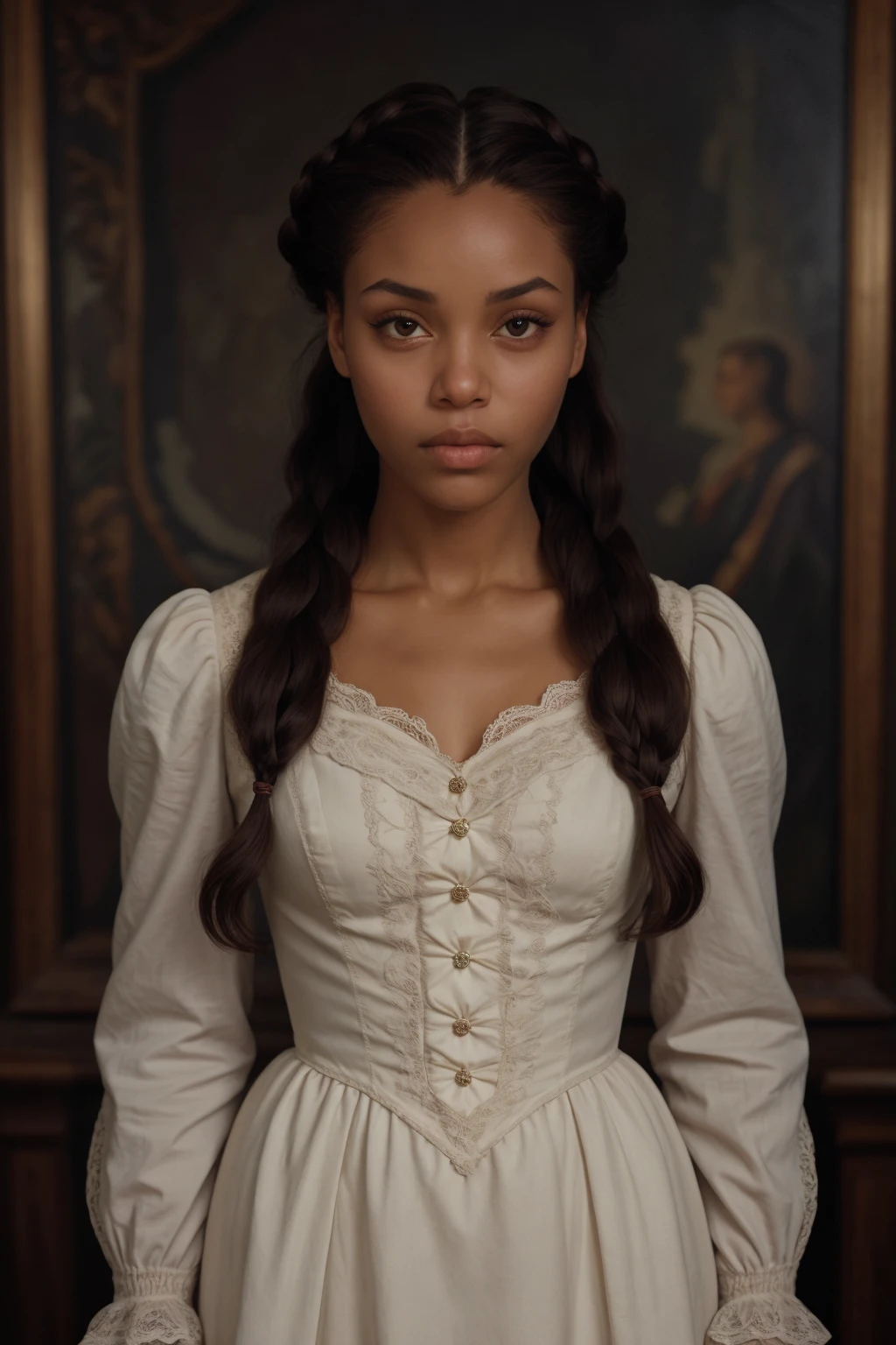 Realistic portrait of a african american woman with single french braided auburn hair, wearing a white noble lady dress. She stands against a backdrop of 18th-century era French Louisiana, evening moonlight, casting a gentle warmth on her features. (full body:1.3), <lora:[VG]_-_Aveline_de_Grandpre:1>