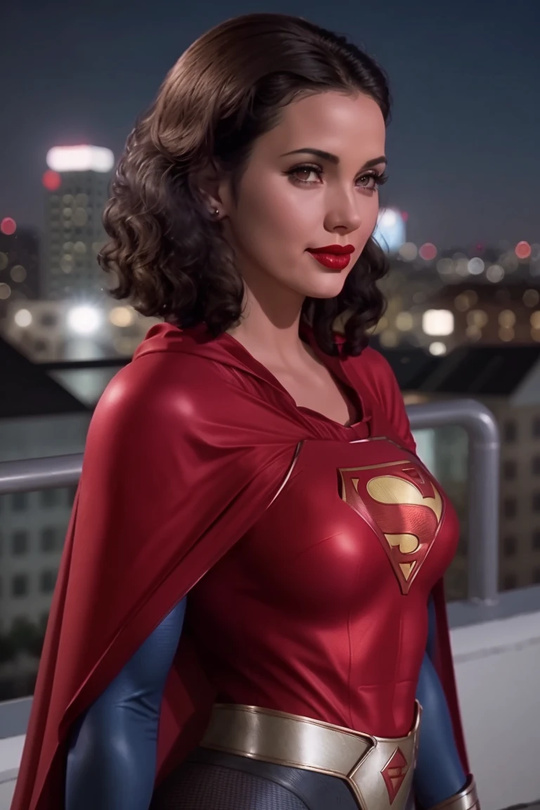 <lora:lyndacarter-05:0.7>,,lyndacarter, ((red lipstick, blush)), ,photo of a woman, RAW, ((superman costume, superman logo, cape)),((short hair, pixie cut, messy hair, black hair)), ((rooftop, city, at night)), 8k uhd, dslr, soft lighting, high quality, film grain, Fujifilm XT3 sharp focus, f 5.6,((red lipstick, blush)) , slight smile