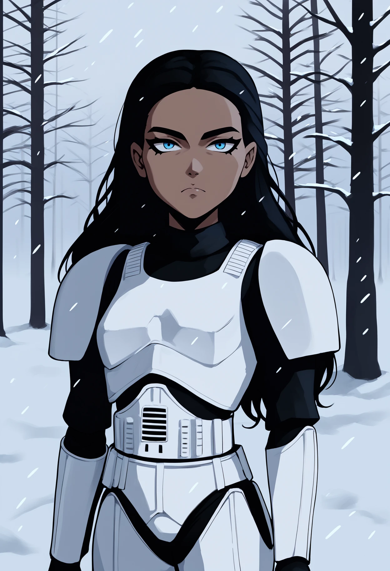 score_9, score_8_up, score_7_up, score_6_up, score_5_up, score_4_up, BREAK, source_anime,
1girl, wwkd standing outdoors in the snow during the winter, wwkd,
black hair, long hair, blue eyes, dark skin,
armor, stormtrooper,
expressionless, looking at viewer, outdoors, snow, snowing, solo, tree, winter <lora:StormtrooperXL:1> <lora:WonderWomanKidsXLv2:1>