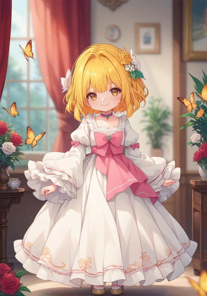 score_9, score_8_up, score_7_up, masterpiece, best quality, 1girl,  solo,  <lora:AnisonChanV1:1>, Anison-Chan, blonde hair, yellow eyes, smile, hair ornament, long sleeves, dress, bow, full body,  flower, frills, choker, puffy sleeves, hair flower, wide sleeves, chibi, cosplay, blurry background, rose, bug, curtains, pink bow, juliet sleeves, butterfly, yellow butterfly, beatrice \(umineko\)