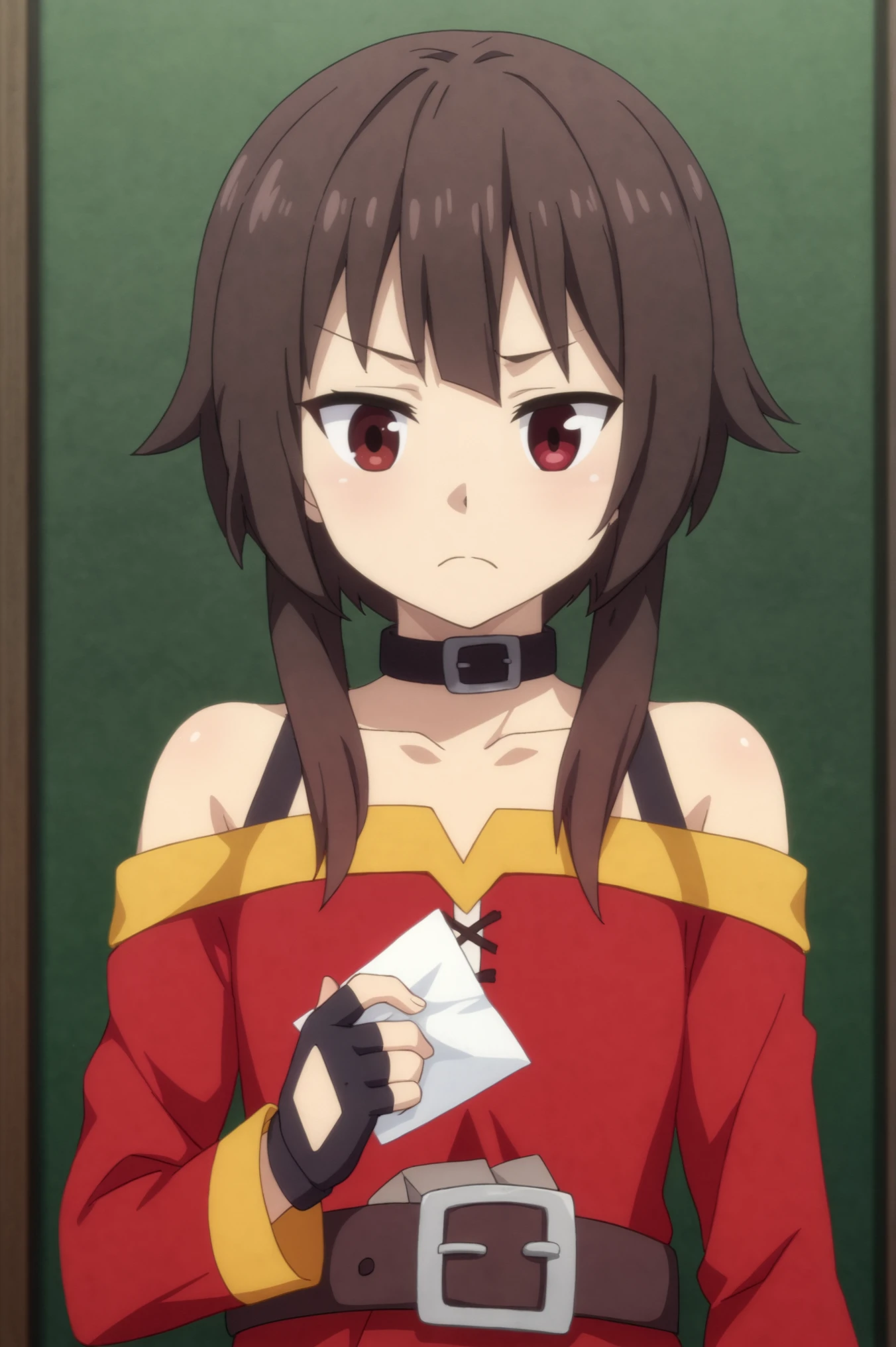 <lora:Megumin:0.7> Megumin, 1girl, solo, long_sleeves, gloves, dress, holding, closed_mouth, bare_shoulders, collarbone, upper_body, black_gloves, choker, belt, fingerless_gloves, off_shoulder, collar, v-shaped_eyebrows, black_choker, frown, red_dress, short_hair_with_long_locks, buckle, paper, off-shoulder_dress, brown_belt, holding_paper, anime_coloring <lora:sdxl_lightning_4step_lora:1>