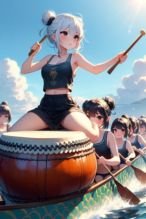 (((masterpiece))), (((best quality))), (((kneeling on dragon boat))), (((drum))), ((playing drum by drumsticks)), ((6+girls gripping paddle)), ((multiple girls on boat)), tank top, seamless shorts, hair ornament, scrunchie, sneakers, parted lips, sweat, wet, wind, glare, crowd in stands, riding ((dragon head)), (((sunny sky))), solo, 1girl, smile, white hair, double bun, cleavage, big tits, shy, blush, slim figure, <lora:girllikedragonboat:1>