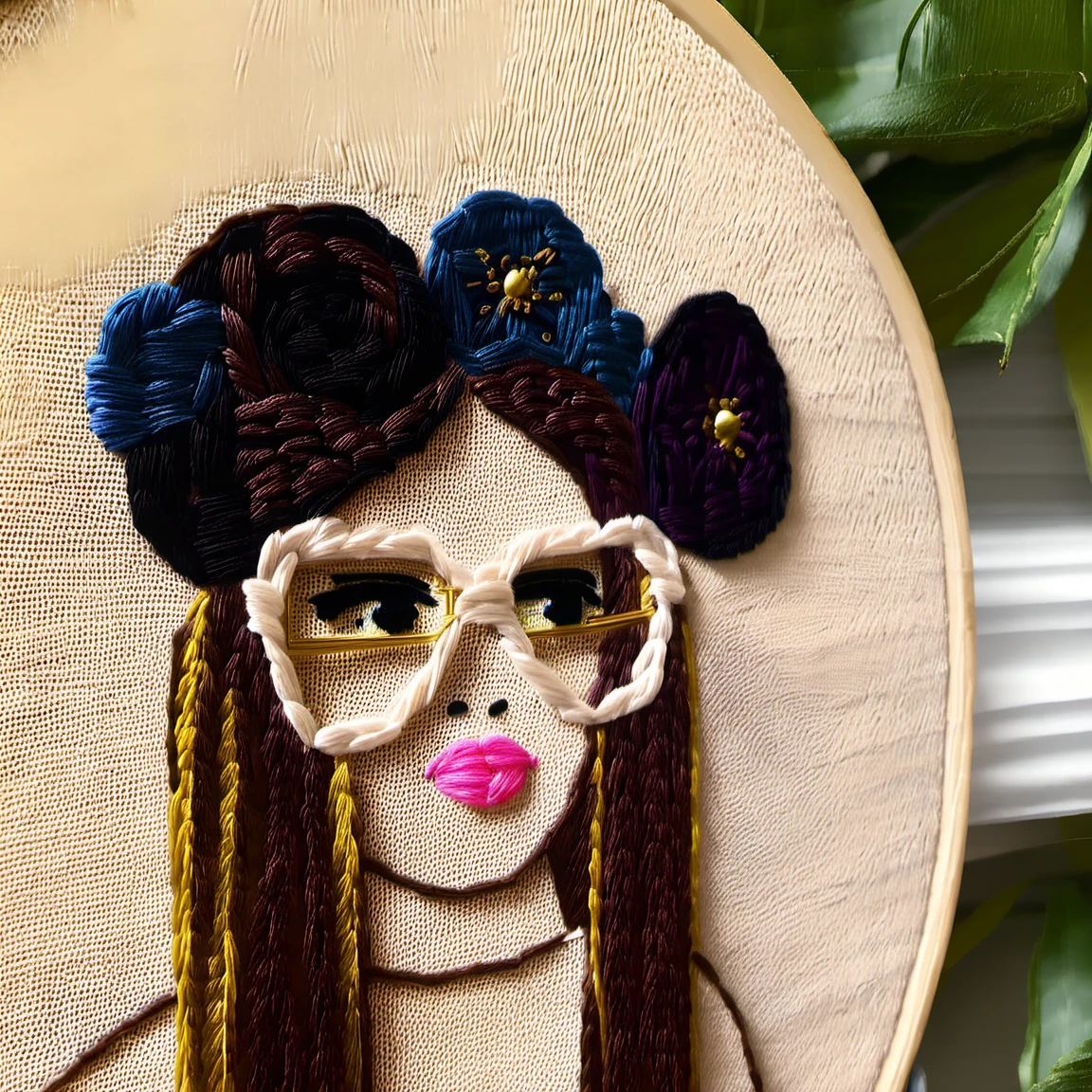 embrodarythreadart, girl, glasses, black flower<lora:embrodary_thread_art:1>