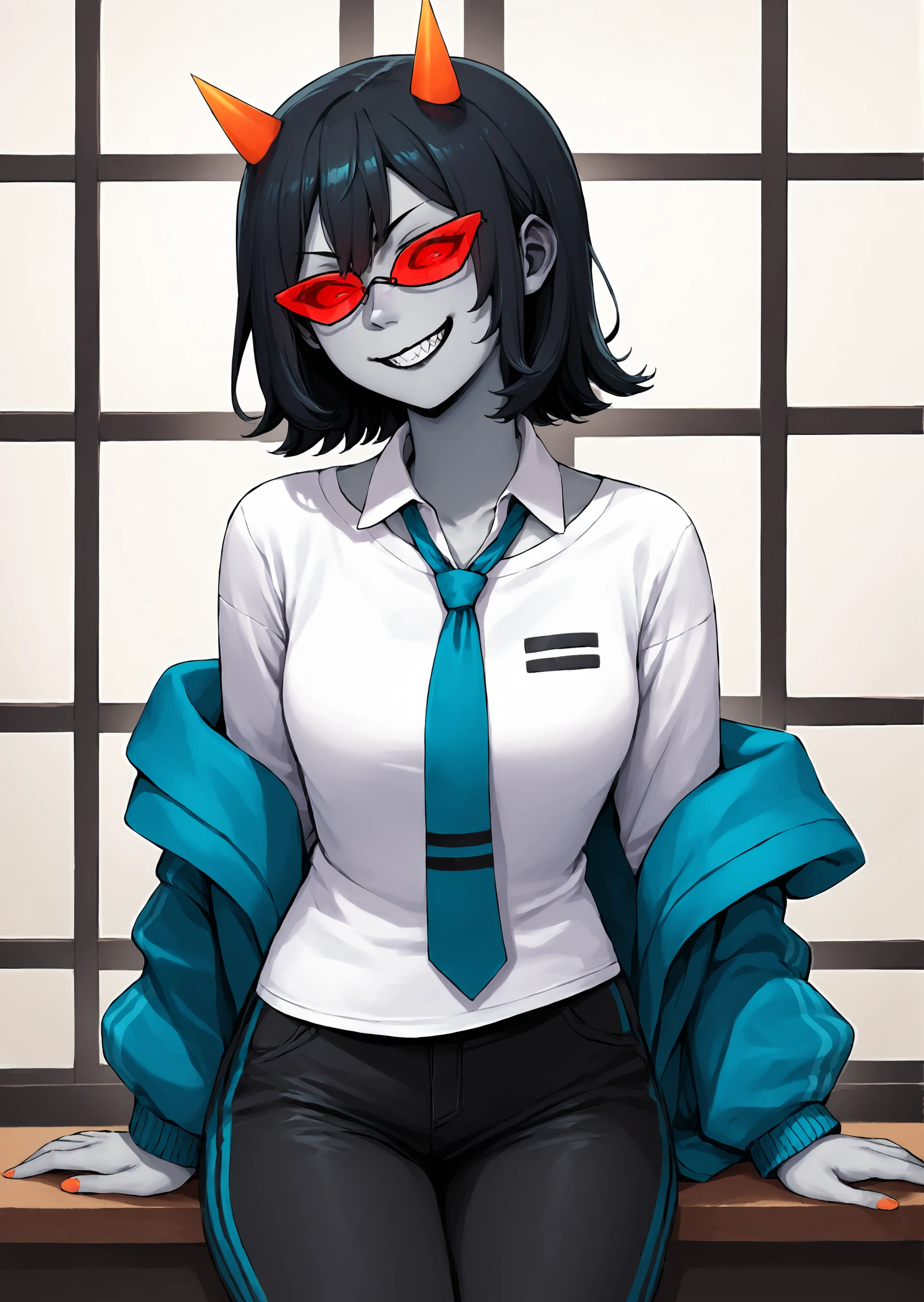 score_9, score_8_up, score_7_up, score_6_up, score_5_up, score_4_up, thick lines, anime, masterpiece, 1girl, terezi pyrope <lora:TereziPony2:1>, smile, grin, colored skin, grey skin, medium hair, black hair, (horns), red sclera, red-tinted eyewear, indoors, power(chainsawman), shirt, necktie, blue jacket, open jacket, off shoulder jacket, white shirt, pants BREAK source_anime