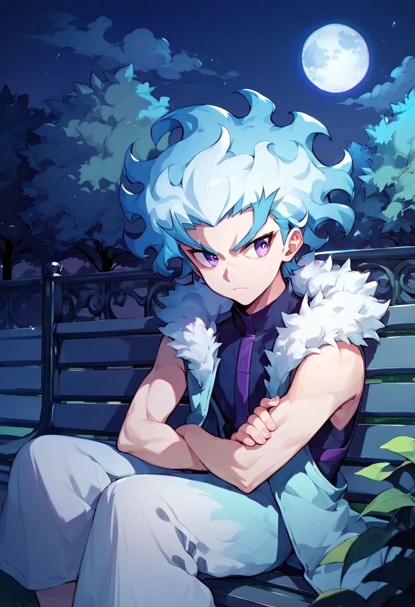 score_9_up, score_8_up, score_7_up, anime style, anime style, (middle shot), flame-shaped hair, pale-skinned, light-blue and white hair, violet eyes, ringed eyes, sitting, park background, night, moon, moonlight on the body,